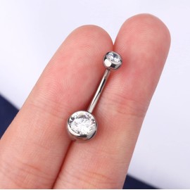 OUFER G23 Solid Titanium Belly Bars Balls 14G Internally Threaded 12 mm Long Navel Piercings Barbell Rings Double Clear CZ Gem 1.6mm No Dangle Belly Button Jewellery