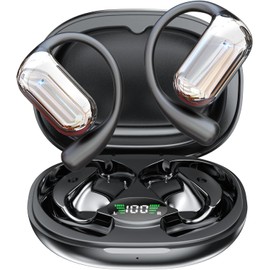 Open Ear Bluetooth 5.4 Headphones, Wireless Earbuds Sport Over Earphones Built-in Mic with Ear Hooks 50H Playtime Ear Buds LED Display Charging Case, Waterproof Design for Running Fitness, Black