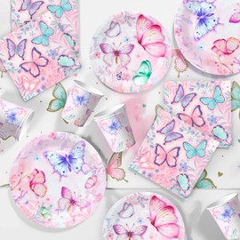 Butterfly Birthday Party Supplies, Butterfly Plates and Napkins Party Supplies - Butterfly Party Plates Napkins Cups Tablecloth & Butterfly Birthday Decorations Banner for Butterfly Theme Party Decor