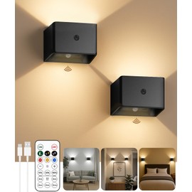 cambk Battery Operated Wall Sconces Set of 2 for Living Room, Wireless Rechargeable Motion Sensor Wall Light with Remote for Bedroom, Bathroom, Hallway, Indoor Ambient Lighting (Black)