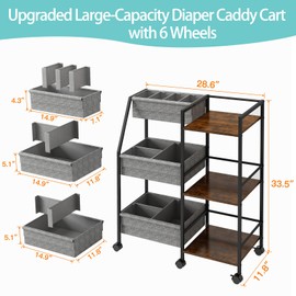 Marbyraz Baby Diaper Caddy Organizer Cart, 3-Tier Rolling Wheels Cart with Dividers and Shelves, Bedside Utility Cart for Nursery Essentials, Large Capacity Mobile Storage Cart for Crib, Bedroom