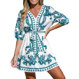 CUPSHE Women's V Neck Beach Dress Puff Sleeve Button Accent Tie Waist Mini Summer Dresses, Green Paisley XL