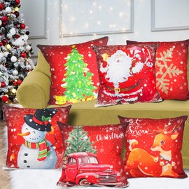 AMLOOPH Christmas Cushion Covers Set Of 6, Red Christmas Design Sofa Cushion Covers 50 X 50 cm Soft Plush Square Christmas Throw Pillow Covers Cases For Xmas Decorations Indoor