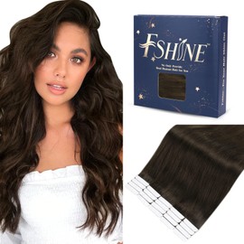 Fshine Real Hair Tape-In Extensions, Dark Brown, 50 cm, 50 g, Remy Hair Extensions, 20 Pieces, Skin Weft Seamless Tape Extensions, Straight