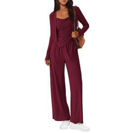 BTFBM Women's Fall Lounge Sets 3 Piece Outfit Tracksuits Casual Long Sleeve Tops High Waisted Sweatpants Set(Solid Wine Red,XX-Large)