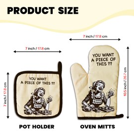 GOSJINNK Funny Oven Mitts and Pot Holders（Set of 2） You Want A Piece of This Heat Resistant Mitts Retro Housewife Silicone Non-Slip Oven Mitts Novelty Kitchen Baking Gift for Women Hostess Bake Lover