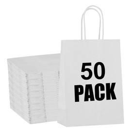 STOBOCTER 50Pcs Paper Gift Bags, 5.9"x3.15"x8.25" Small Kraft Paper Bags with Handles, Paper Bags Bulk for Small Business, Wedding Birthday Party Favors, Christmas, Goodie Craft Bags (White)
