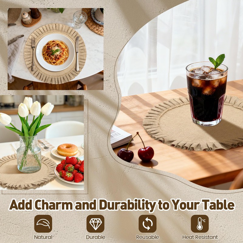 Aneco 6 Pack Round Burlap Placemats with Ruffle Edge
