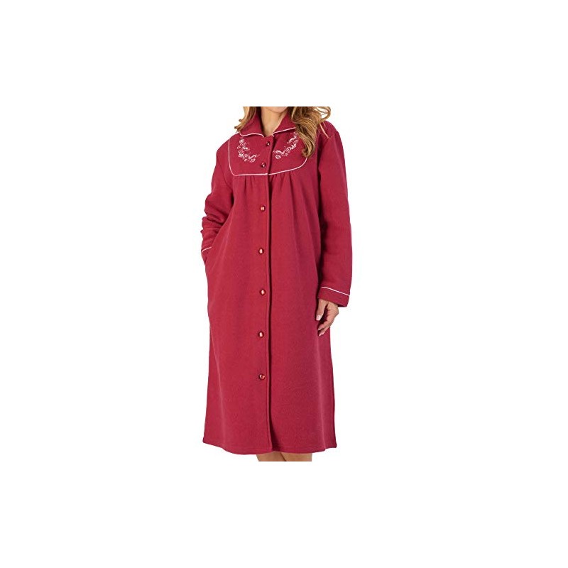 Slenderella Womens Button Up Dressing Gown Boucle Fleece Embroidered Housecoat