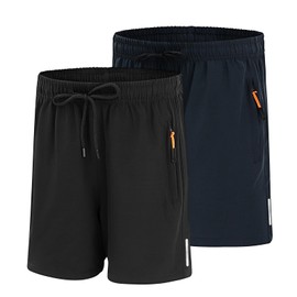 LACOFIA 2 Pack Boys Shorts Summer Quick Dry Lightweight Athletic Kids School Shorts with Zipper Pockets Elastic Waist Black+Navyblue 12-13 Years