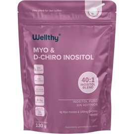 Wellthy Myo  D-Chiro Inositol en Polvo 130g, Mezcla Óptima 401 con 4000mg Myo y 100mg D-Chiro, Ingredientes 100 Naturales, Sin Gluten, Sin Azúcar,