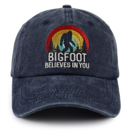 Bigfoot Believes in You Hat, Embroidered Adjustable Wash Retro Cotton Denim Big Foot Sasquatch Baseball Cap, Navy, One Size