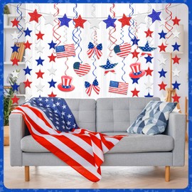 Simgoing 38 Pcs 4th of July Hanging Decorations Glitter Stars Banner Watercolor Patriotic Hanging Swirl Streamers Red White Blue Star Garlands for Independence Day Memorial Day Retro Decor Supplies