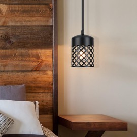 XiNBEi Lighting Farmhouse Black Pendant Lights Kitchen Island, Single Mini Pendant Light Metal Cage Adjustable Hanging Light Fixtures for Kitchen Island Dining Room Bar XB-P328-MB