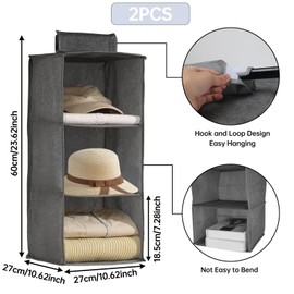 Minnhua 2PCS Hanging Wardrobe Storage Organiser 3 Shelves Hanging Wardrobe Organiser Hanging Storage Shelves Foldable Hanging Closet Organizer Clothes Organizer for Garment Hat Bag Grey
