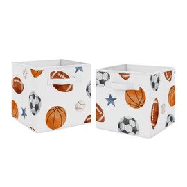 Sweet Jojo Designs Sports Theme Boy Collapsible Fabric Storage Cubes Foldable Bins Organizer Boxes Kids Baby Childrens Toys Set of 2 - Watercolor Soccer Balls Football Baseball Basketball Blue Stars