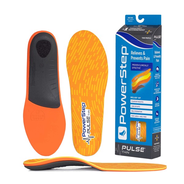 Powerstep Pulse Thin Insoles - Arch Pain Relief Orthotics for Cleats & Tight Shoes - Thin Arch Support Inserts for Plantar Fasciitis Relief, Mild Pronation, Shin Splints & Heel Pain (M 4-4.5, F 6-6.5)