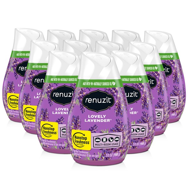 Renuzit Gel Solid Air Freshener, Lovely Lavender Scent, Nonstop Freshness, 12 Total Air Freshener Cones, brand is Renuzit.
