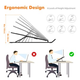 GRIFEMA GB1054B Laptop Stand for Desk, Height-Adjustable Laptop Riser, Portable Laptop Stand with 6 Tilt Adjustments for 10 - 17.3 Inch Laptops and Tablets - Black
