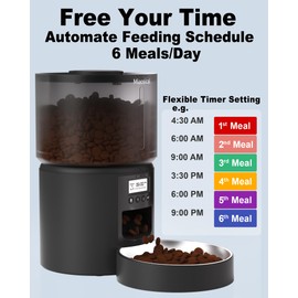 Miaosical Automatic Cat Feeder Flexible Schedule Timer,6 Meals/Day,1-12 Portions/Meal,Dual Power Auto Feeder Dry Food Dispenser,10S Voice Record,for Cats & Small Dogs (Black,5.2L Stainless Steel Bowl)