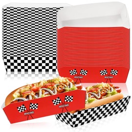 Yeaqee Yeaqee 50 Pcs 7" Racing Car Hot Dog Trays Racing Car Disposable Checkered Paper Trays Nacho Boats Game Day Serveware Bulk Race Themed Food Tray Snack Party Baskets Supplies for Concession Picnic