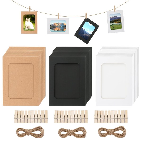 30 Pack Cardboard Photo Frames 6"x4" 3 Colors Retro Kraft Paper Photo Frame Set with Mini Wooden Clips and Hemp Rope Picture Mats Hanging Album Frame for Home School Dorm Office Wall Party Decoration