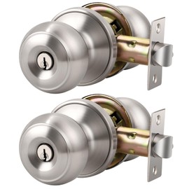KNOBWELL 2 Pack Satin Nickel Keyed Entry Door Knob with Lock, Entrance Door Lock in Solid Stainless Steel for Exterior and Interior Doors, Brushed Nickel Front Door Knob, Different Keys