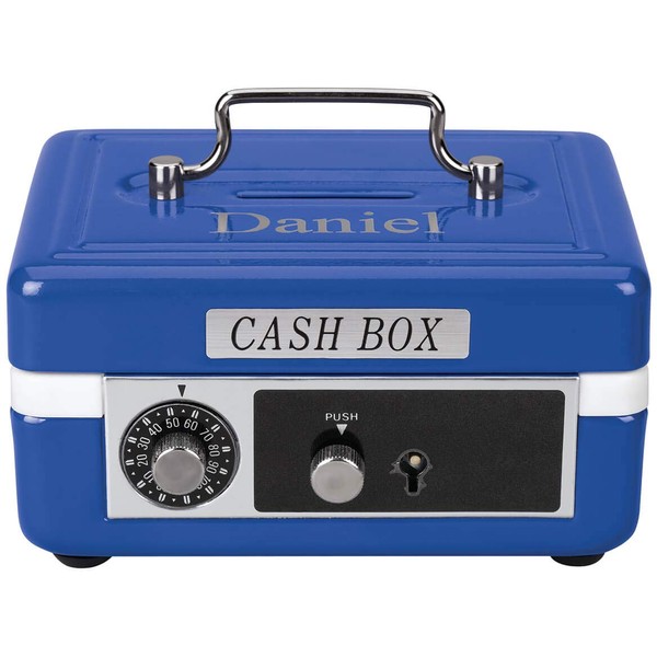 Personalized Children’s Cash Box, Metal Piggy Bank Lockbox with Coin Slot, Blue