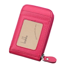 boshiho Genuine Leather 12 Card Slots, Large Capacity, Skimming Prevention, Credit Card Case, Coin Case, Transparent Window Pocket, Women's, Men's, Small, License Case, Zipper, hotpink