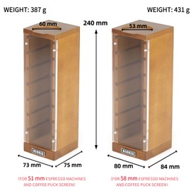 58mm Espresso Filter Basket Stand Compatible with Portafilter Filter Basket and Puck Screen - Holds Up to 7 Filter Baskets, Removable Magnetic Door, Beech Wood (51MM)