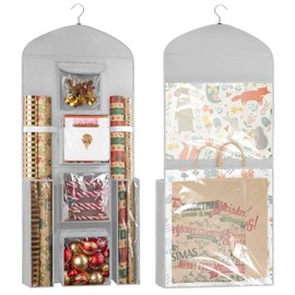 Woodoulogy Hanging Gift Wrapping Paper Storage, 40"X17" Grey Double-Sided Christmas Wrapper Bag Container, Oxford Craft Roll Organizer, Present Wrap Holder for Bedroom Closet, Door, Cabinet