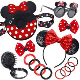 TOPWAYS Little Mouse Ear Bow Crossbody Purse, Little Girls Handbag with Sunglasses Hair Clip Hairbands Hair Hairbrush, Accessories for Girls Pretend Play Dress Up Gifts (Black)