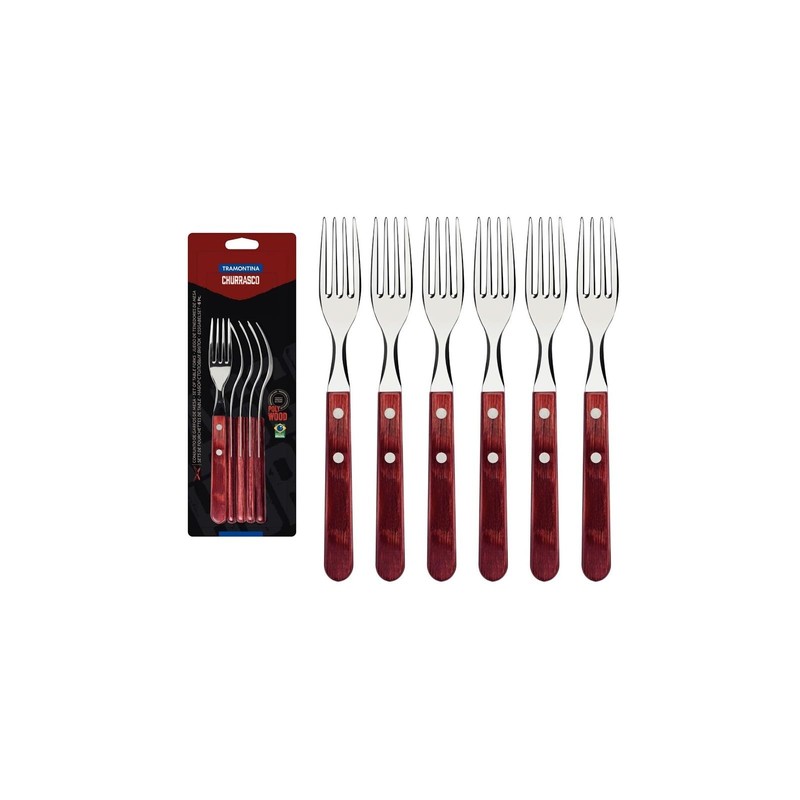 Tramontina Steakgabel Pizzagabel, Set, 6-teilig, Edelstahl, FSC, roter Holzgriff, 20,