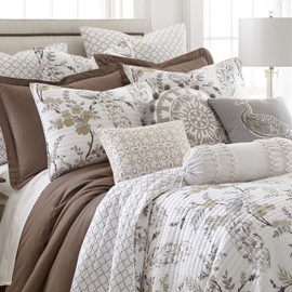 Levtex home - Pisa Quilt Set -Twin Quilt + One Standard Pillow Sham - Floral Contemporary Peacock - Grey and Taupe - Quilt Size (68x86in.) and Pillow Sham Size (26x20in.) - Reversible - Cotton