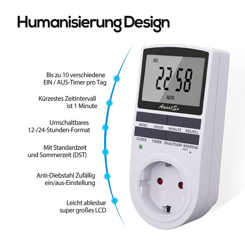 Awootsv Digital Timer Socket with LCD Display 24 Hours/Week Indoor