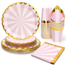PARTY GO Party Tableware Set, 96 Pieces Theme Party Tableware Set, Pink and White Striped Circus Theme Birthday Tableware, Circus Party Accessories (24 Guests)