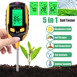Unbranded 5in1 LCD Soil PH Tester Water Moisture Light Test Meter for Garden Plant Seeding - 5 in 1 (Battery incluide)