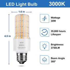 Led Light Bulb Equivalent 250w 2pcs Super Bright Led Bulbs, 3750 Lumen 3000k Warm Daylight White 30w Waterproof Led Corn Light Bulb E26/E27 Medium Base light bulb for Outdoor Indoor Garage Backyard