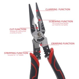 CINLIN 6-in-1 Needle Nose Pliers, 9" Multipurpose Long Nose Pliers with Wire Stripper/Crimper/Cutter Function, Heavy Duty Multifunctional Electrician Pliers for Crimping, Stripping, Shearing,etc.