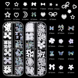 3D Nail Charms and Gems Set, White Flower Butterfly Nail Charms, Nail Bows and Pearls Hearts, 3D Flowers for Nails with Rhinestones, Pearls, Diamonds and Picker Tools for Y2K Nail Decor