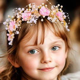Woeoe Pearl Flower Girl Headpiece Pink Floral Headband Beaded Princess Hair Band Accessories for Wedding Birthday Party Frist Communion Photography