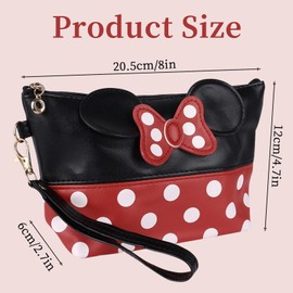 Mouse Ears Style Polka Dots Bow Knot Make Up Bag Cosmetic Bags for Women Girls Cartoon PU Wallet Portable Travel Purses with Wristband Makeup Pounch Gifts