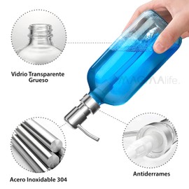 MAGMALIFE. Dispensador de Jabón para Baño con Bomba de Acero Inoxidable. Set de 2 Botellas Dispensadoras de Vidrio Resistentes, con Capacidad de 475 ml - 16 oz. Perfectas para Jabón de Manos y Cocina