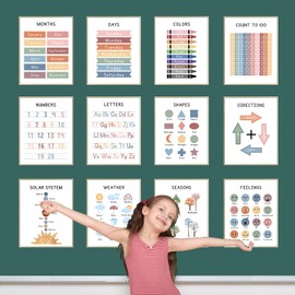 Educational Posters for Toddlers & Preschool Classroom Decor, Boho Learning Poster - ABC Alphabet, Numbers 1-100, Shapes, Weather, Days of Week Chart - Preschool Classroom Homeschool Playroom Decor