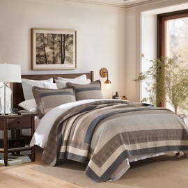 QuiltMuse Quilt Queen Size - Brown Wood Striped Quilt Set with Matching Shams, 3 Pieces 100% Cotton Farmhouse Queen Quilt Bedding Set, Lightweight Bedspread Coverlet Home Decor for All Season