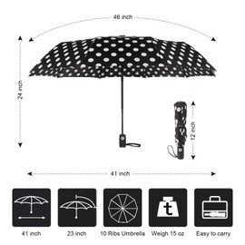 Agaric Cute Polka Dots Compact Travel Umbrella - 10 Ribs Windproof Umbrella, 46” Auto Open/Close Portable Umbrella with Reinforced Canopy and Ergonomic Handle (Black)