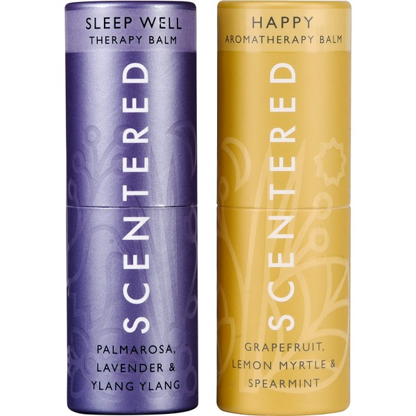 Scentered Sleep Well & Happy Aromatherapy Essential Oils Balm Gift Set - for Restful Sleep & Gratitude - All-Natural Blends of Lavender, Ylang Ylang, Lemon, Grapefruit