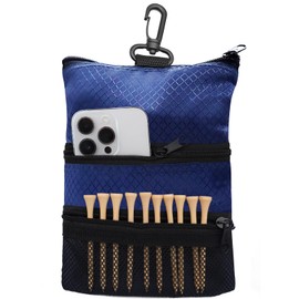 Golf Bag Accessories Valuables Pouch Bags Multi Pocket Zipper Hook with 10 Pcs Wood Golf Tees for Men Women (Blue)