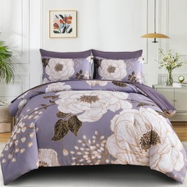 Luxudecor Floral Queen Comforter Set 7 Pieces Bed in a Bag, White Flower Print on Light Purple Bedding Set, Soft Reversible Comforter with Sheet Set 90"x90"