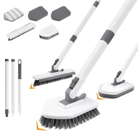 4 in 1 Shower Scrubber Cleaning Brush, Tub and Tile Scrubber with Long Handle, Grout Brush Stiff Bristles Scrub Sponge Brushes Microfiber Pad, for Toilet Bathroom Kitchen Wall Floor Glass Bathtub Sink